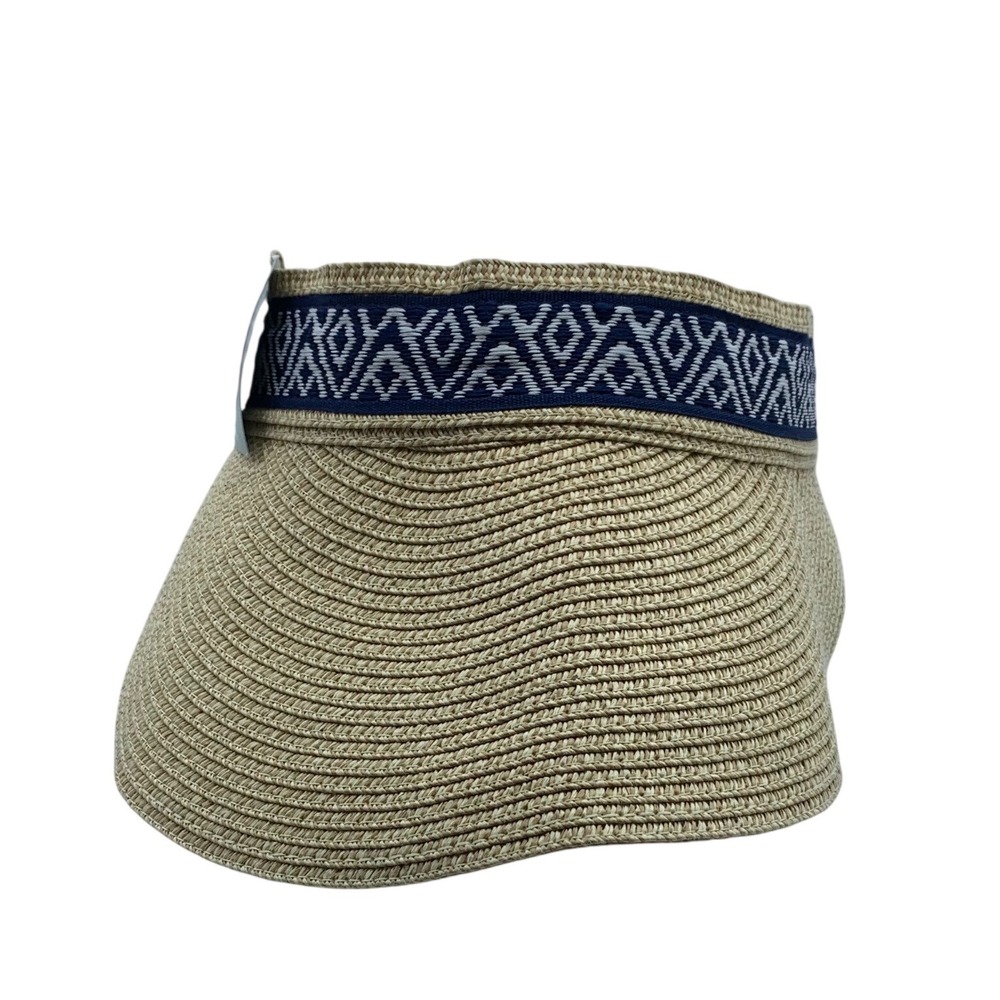 Sea & Grass Womens Straw Visor Navy Blue Geometric Ribbon Tie Back Sun Hat NWT